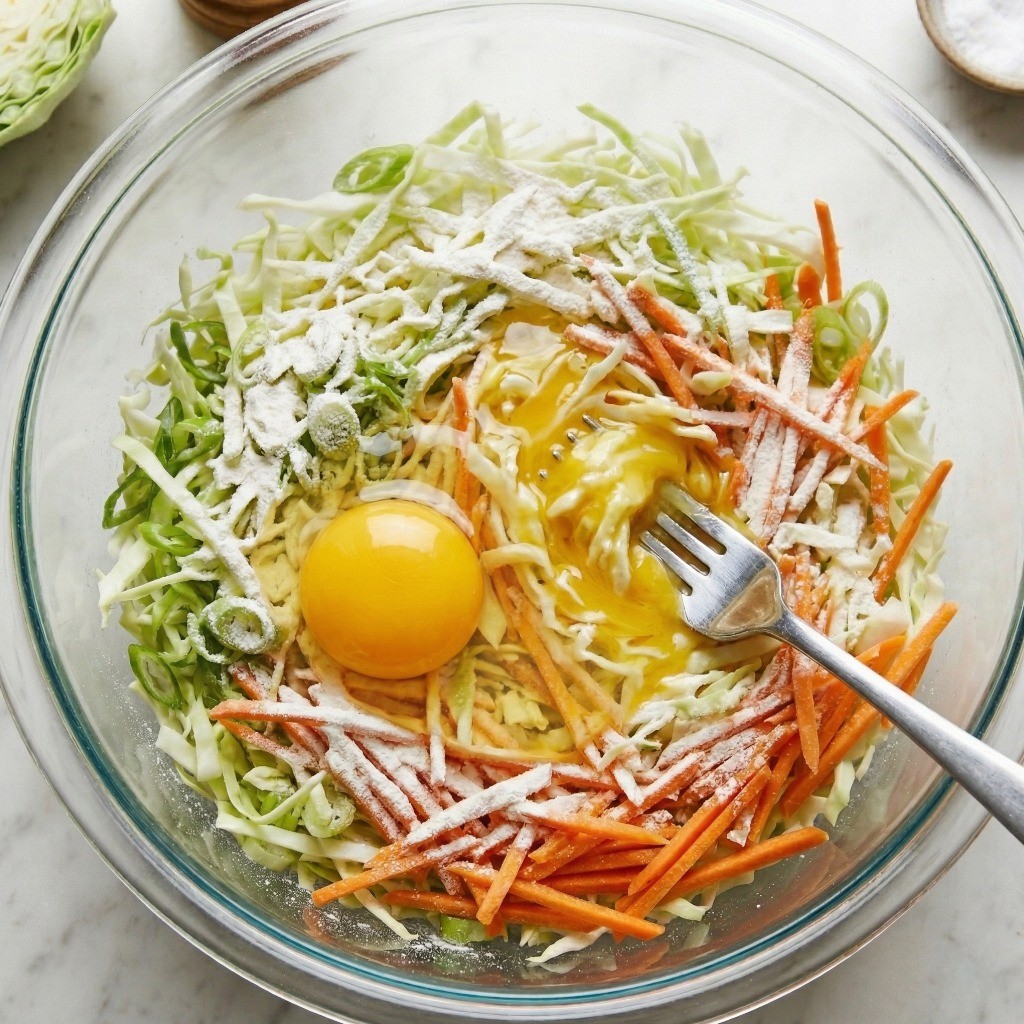 백종원 양배추전 레시피 3단계: 튀김가루 코팅 채소에 달걀 2개를 넣어 가볍게 섞은 양배추전 반죽