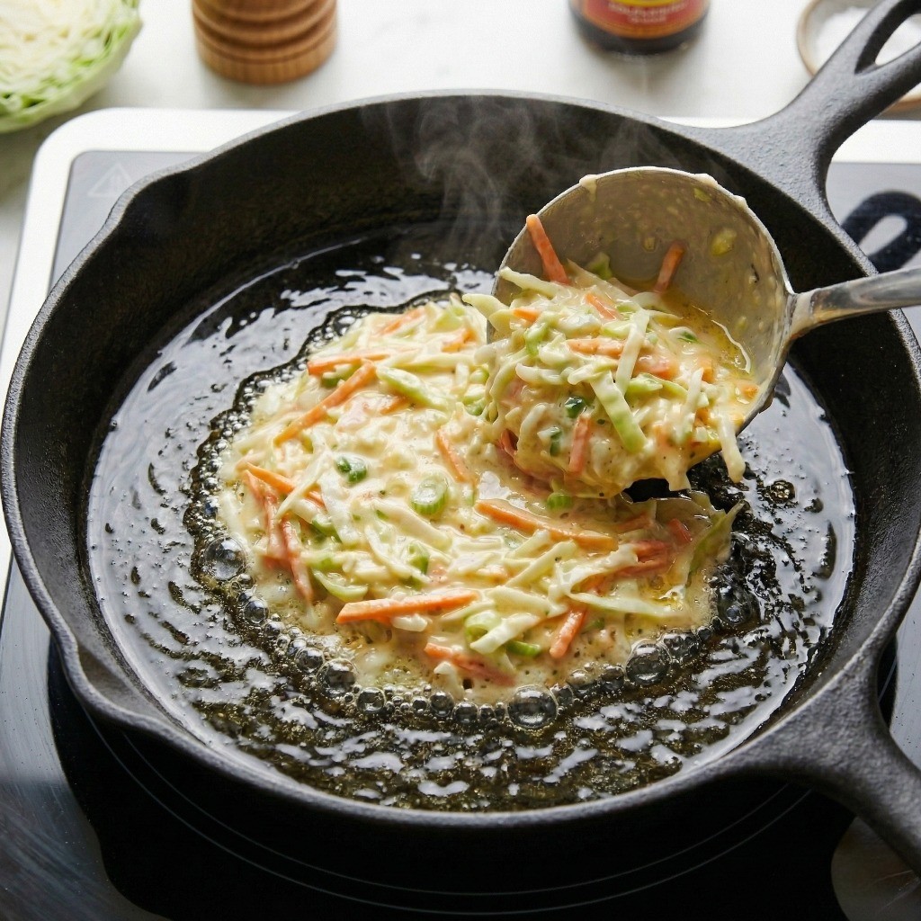 백종원 양배추전 레시피 4단계: 달군 프라이팬에 기름을 두르고 양배추전 반죽을 도톰하게 올려 약불에 굽는 모습