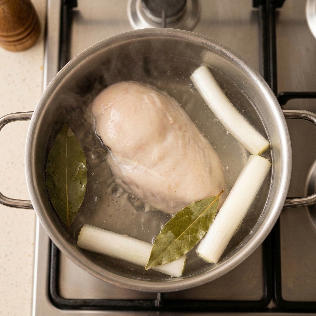 마라 기스 레시피 1단계: 냄비에 닭가슴살, 월계수 잎, 생강, 대파를 넣고 삶는 과정