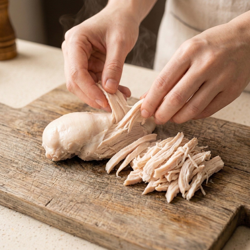 마라 기스 레시피 2단계: 부드럽게 삶아진 닭가슴살을 결대로 얇게 찢는 모습