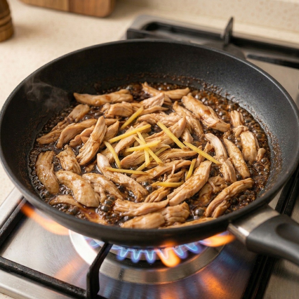 마라 기스 레시피 4단계: 찢은 닭가슴살과 채 썬 생강을 간장 소스에 넣고 수분을 날리며 볶는 과정