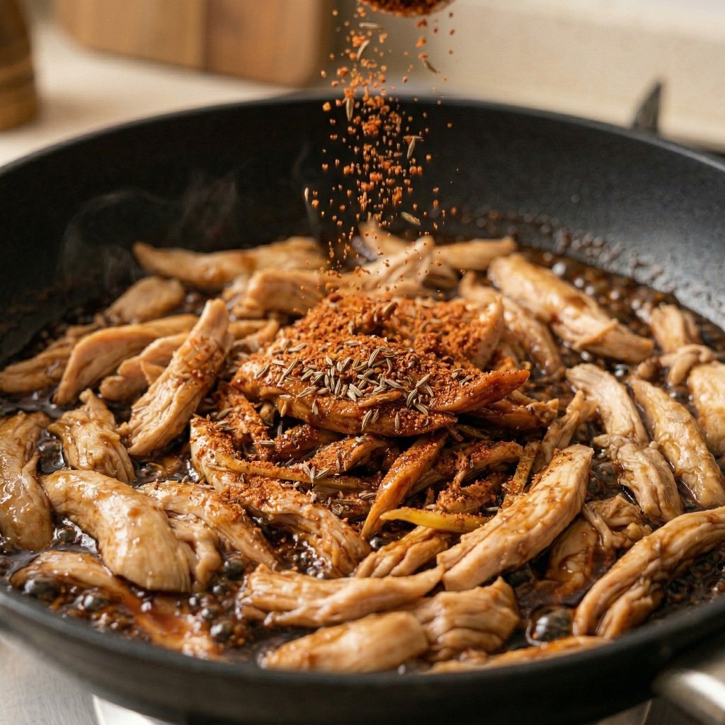 마라 기스 레시피 5단계: 양꼬치 시즈닝(마라 소스)을 듬뿍 뿌려 완성된 마라 기스 닭가슴살 볶음