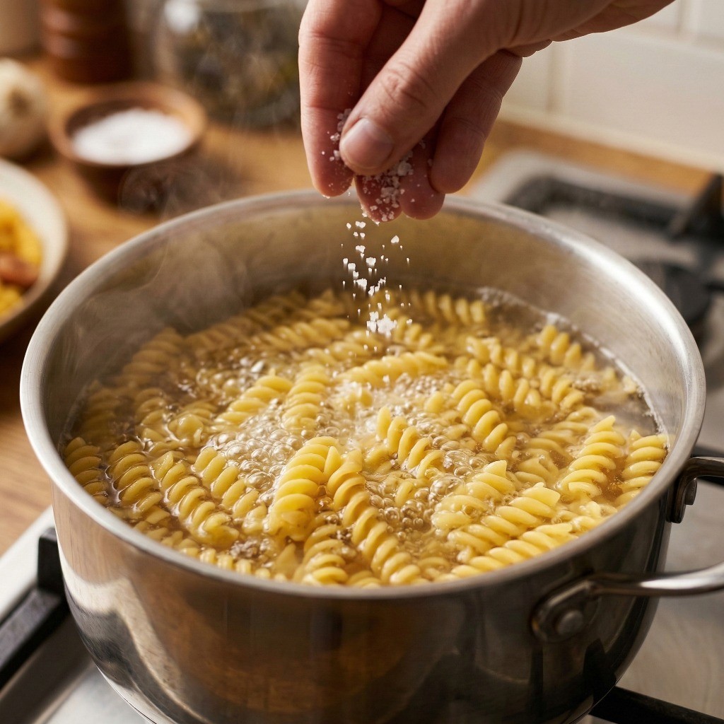 파스타 면 삶기 - 끓는 물에 소금과 푸실리 면을 넣고 삶는 과정