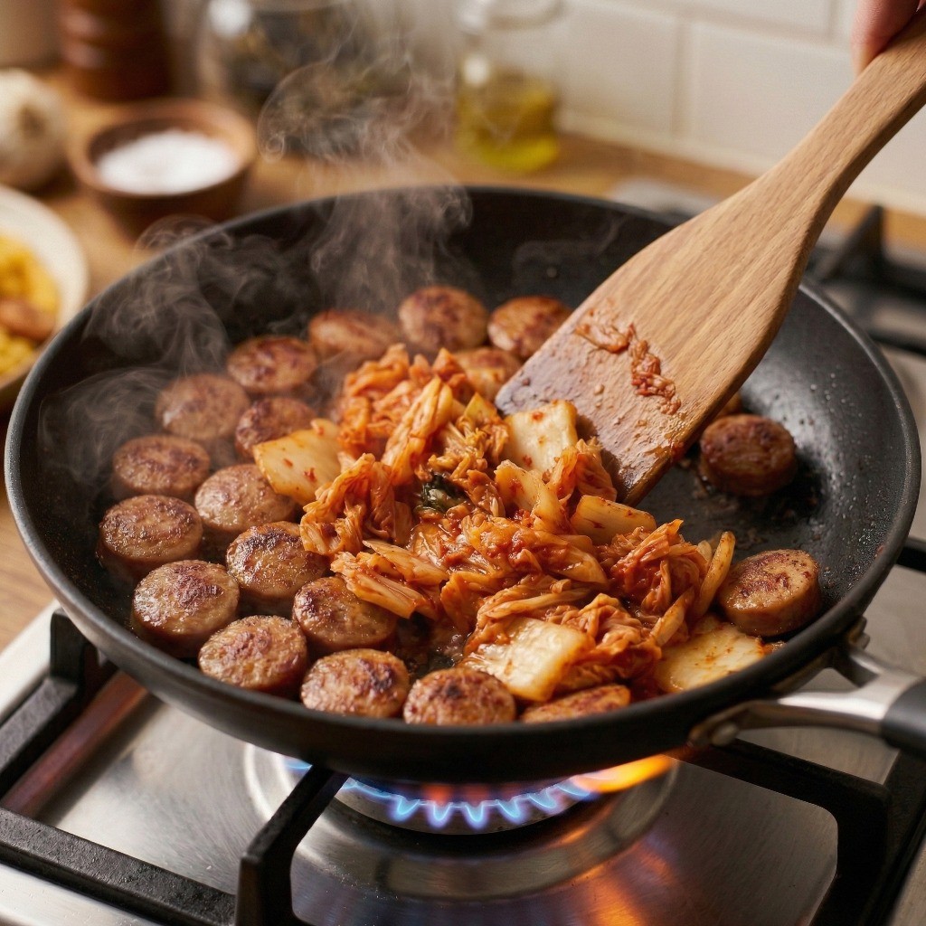 소시지와 묵은지 볶기 - 팬에서 소시지와 잘게 썬 신김치를 함께 볶는 모습