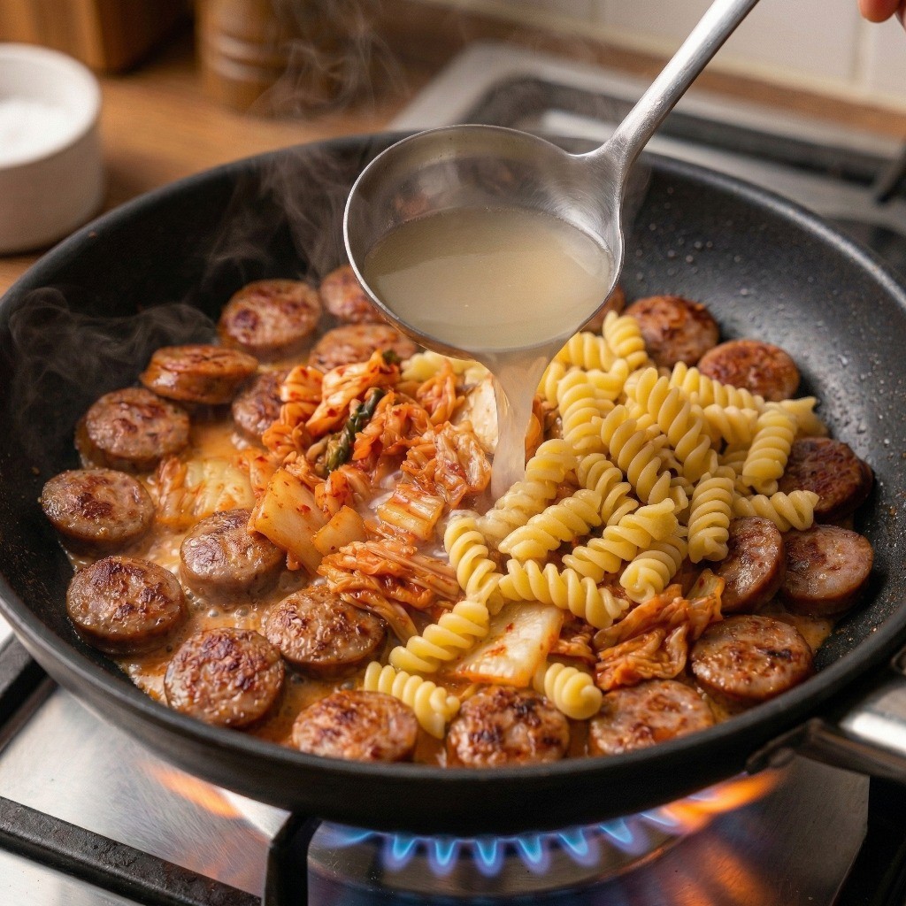 면수와 파스타 면 혼합 - 볶은 재료에 면수와 삶은 파스타 면을 넣고 섞는 단계