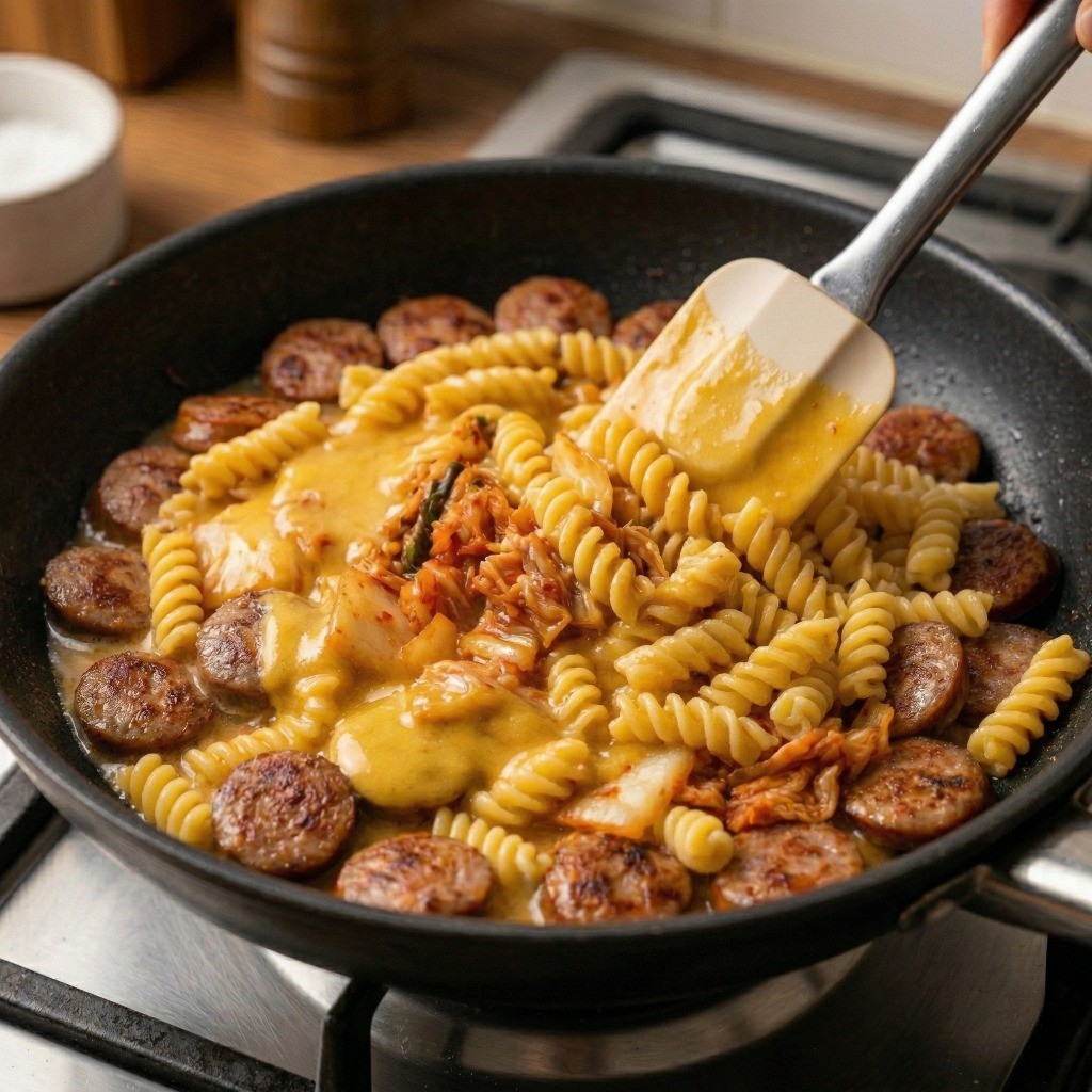 까르보나라 소스 버무리기 - 불을 끈 상태에서 계란 소스를 넣어 윤기나고 꾸덕하게 완성하는 과정