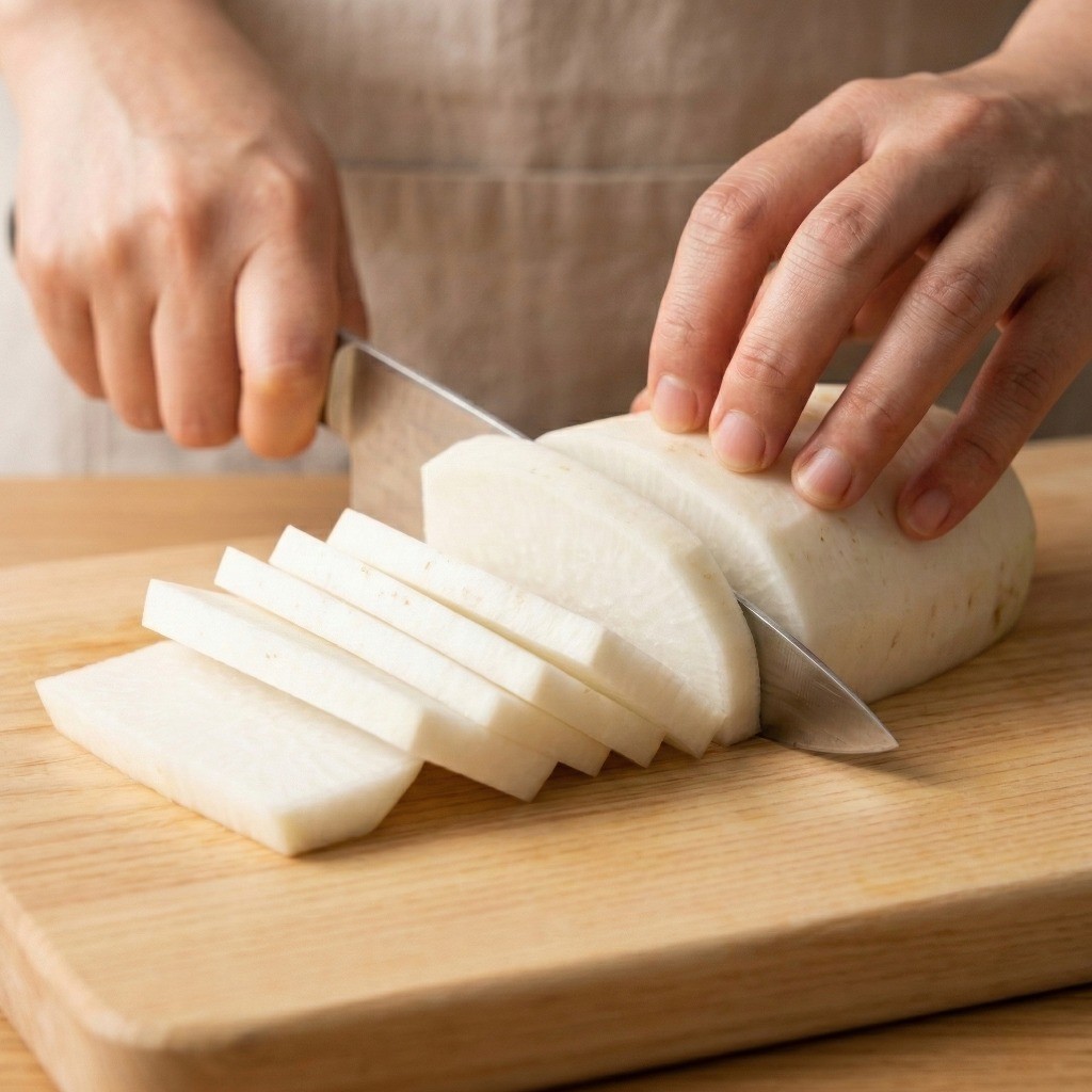 무 500g을 1cm 두께로 채 썰어 소금물에 3시간 동안 절이는 조리 과정