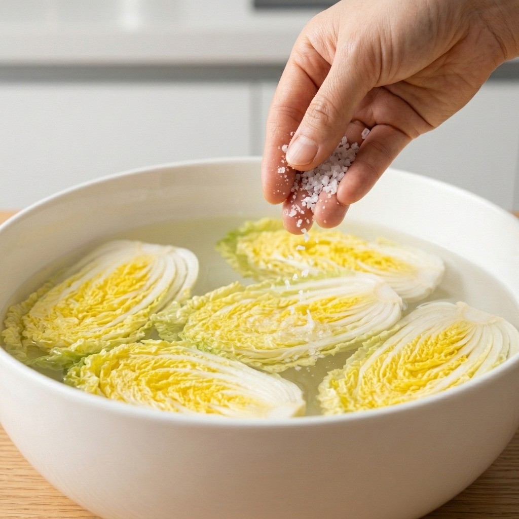 알배추 반 통을 소금물에 담가 숨이 죽을 때까지 절이는 보쌈 배추 준비 과정