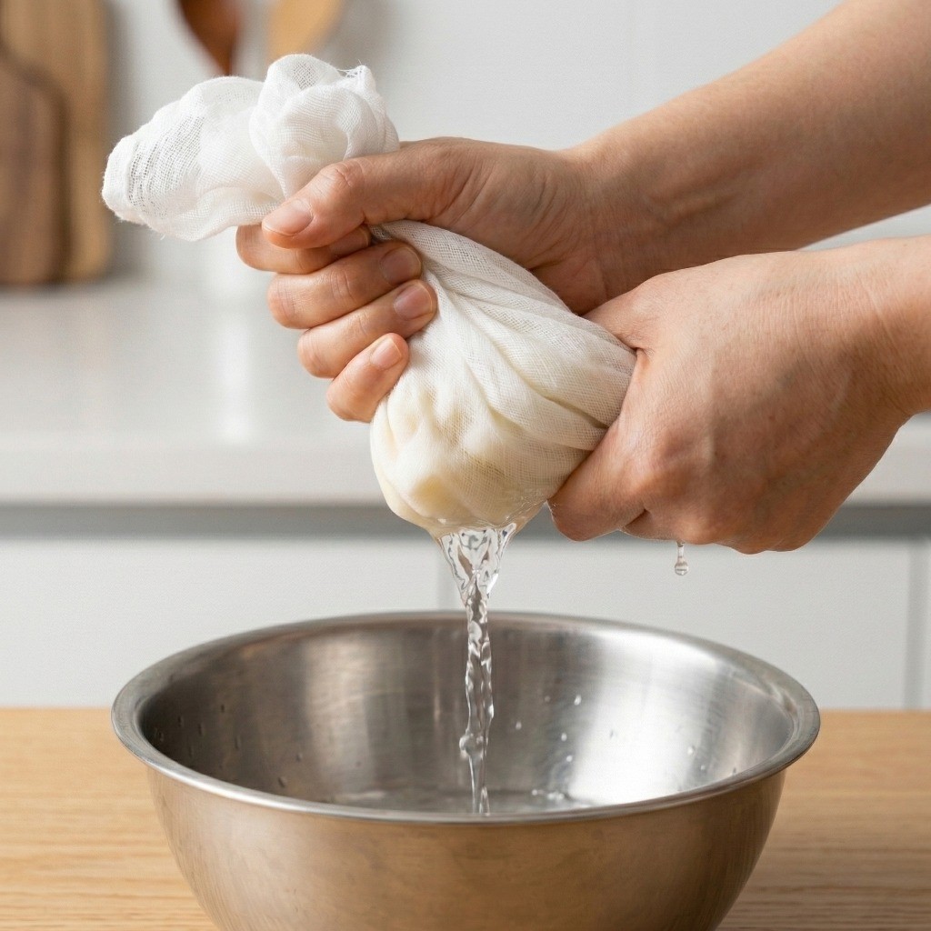 면보로 물기를 꽉 제거한 무에 황설탕과 다진 마늘 양념을 넣어 버무리는 모습