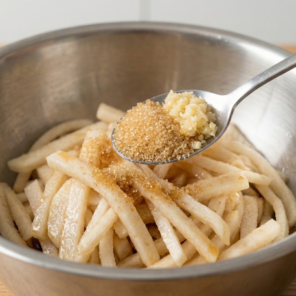 고운 고춧가루를 넣어 진한 빨간색으로 버무려 완성된 보쌈 전문점 스타일 무김치