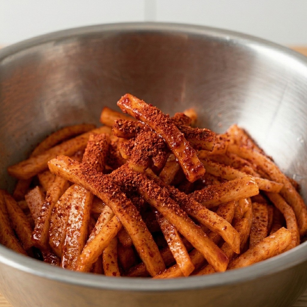 절여진 알배추와 매콤한 무김치를 접시에 정갈하게 담아낸 최종 플레이팅 사진