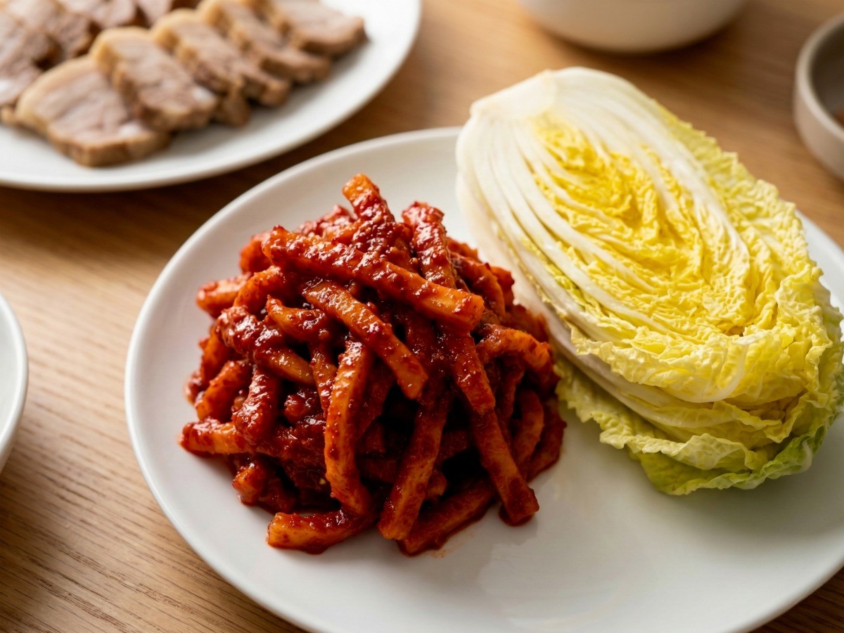 백종원 레시피로 만든 아삭한 알배추 절임과 매콤달콤하고 윤기 나는 보쌈 무김치 완성 상차림