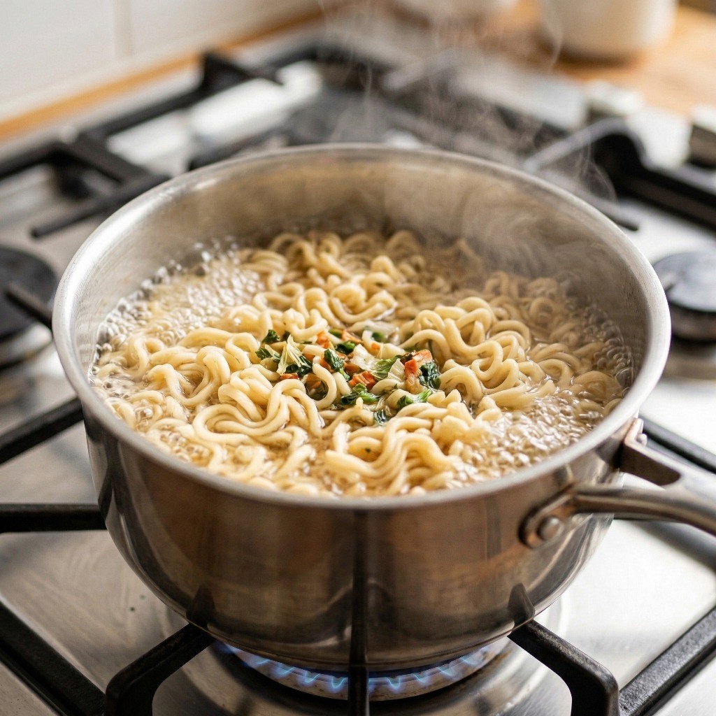 끓는 물에 매운 라면 면발을 꼬들꼬들하게 삶아 건져내는 과정