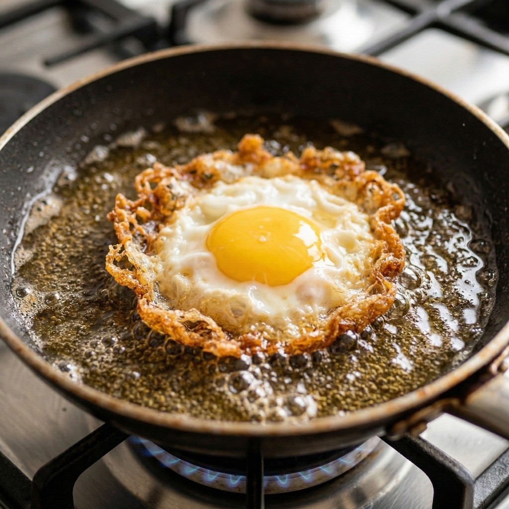 아부라소바용 바삭한 태국식 반숙 계란 프라이 굽기