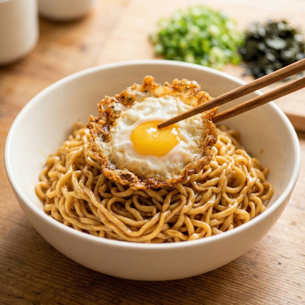 맛있게 비벼 먹기 전, 파와 김가루 고명을 듬뿍 올린 백종원 아부라소바