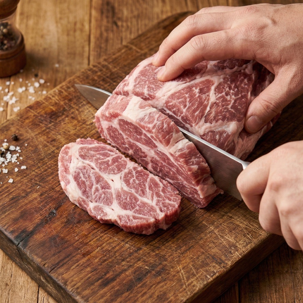 돼지고기 목살을 먹기 좋은 크기로 큼직하게 썰어 손질하는 모습