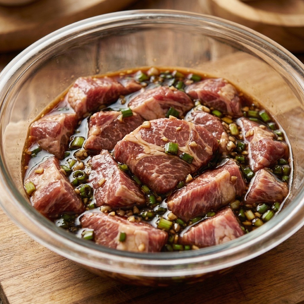 손질한 목살을 특제 갈비 양념장에 버무려 냉장고에서 1시간 숙성하며 재우는 모습