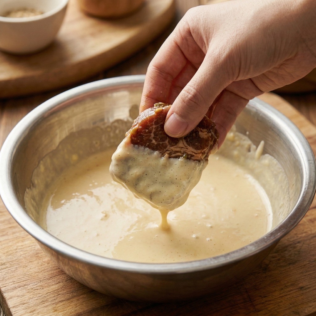 물과 튀김가루를 섞은 반죽에 양념된 돼지고기를 넣어 골고루 튀김옷을 입히는 과정