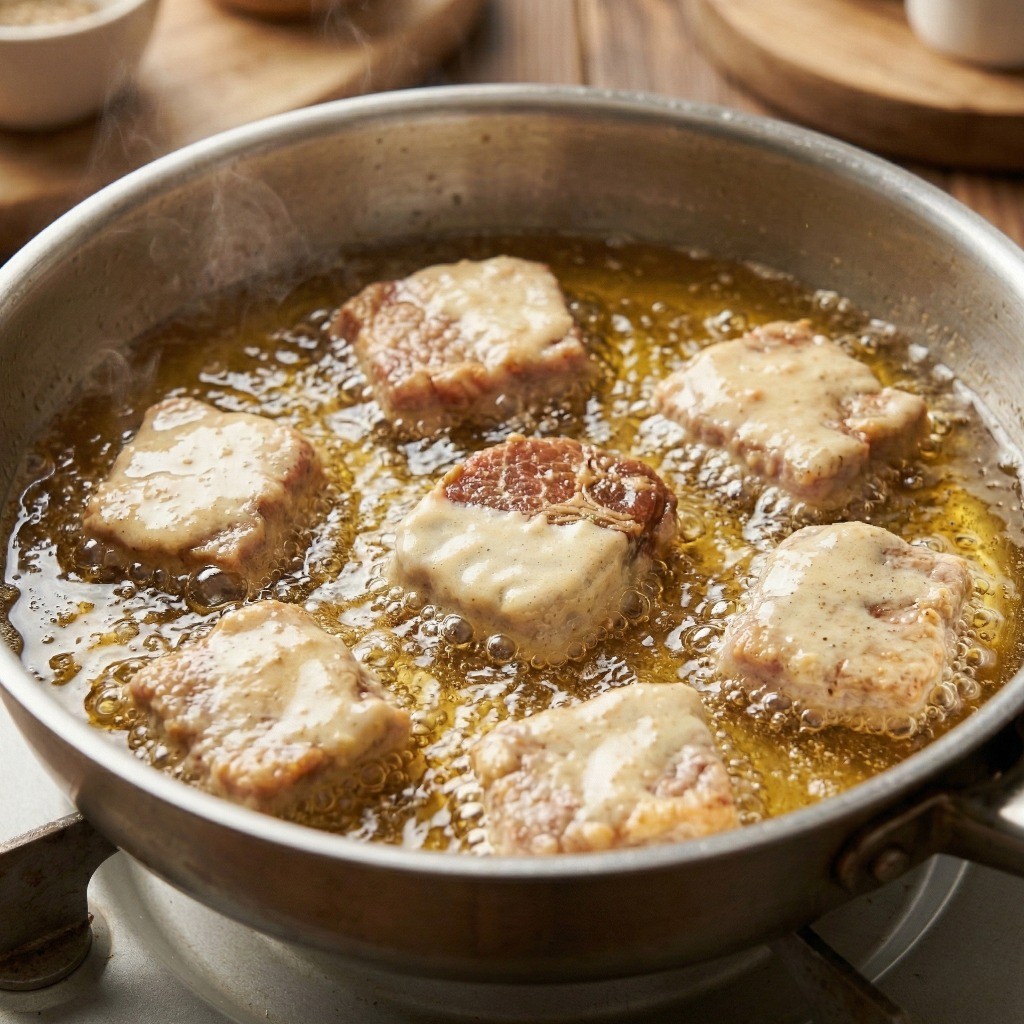 150도 온도의 기름에 튀김옷을 입힌 양념 돼지고기를 넣어 서서히 튀기는 모습