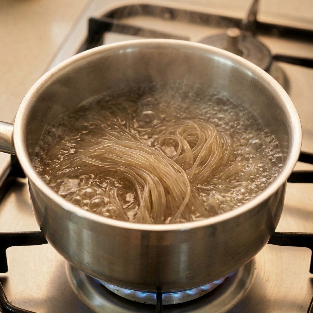 백종원 계란만두 레시피 1단계: 냄비에 찬물을 붓고 500원 동전 크기의 당면을 8분간 푹 삶는 과정