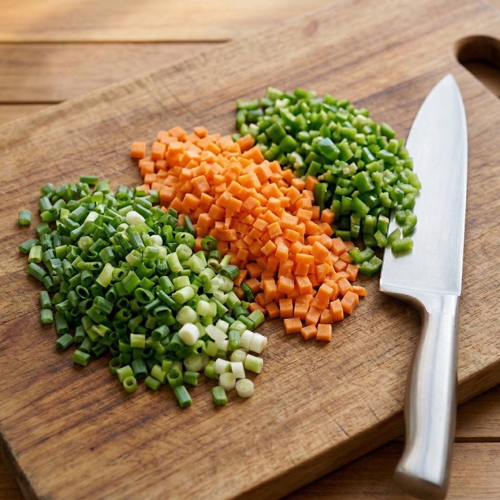 백종원 계란만두 레시피 2단계: 도마 위에서 대파, 청양고추, 당근 등 야채를 잘게 다지는 재료 손질 모습
