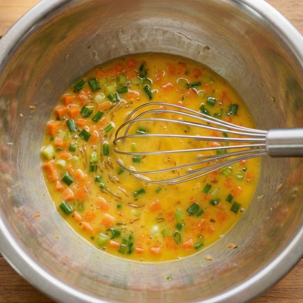 백종원 계란만두 레시피 3단계: 다진 야채와 계란 3개를 볼에 넣고 소금, 참기름으로 간을 하여 섞는 모습