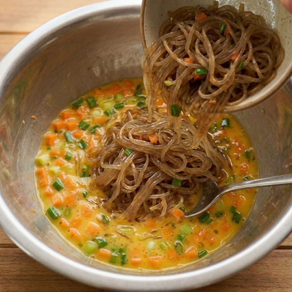 백종원 계란만두 레시피 5단계: 밑간 된 당면을 계란물 베이스에 넣고 골고루 섞어 만두 반죽을 완성하는 모습