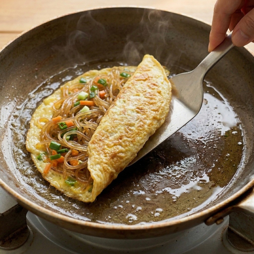 백종원 계란만두 레시피 6단계: 기름을 두른 프라이팬에 반죽을 굽다가 반으로 접어 반달 모양의 계란만두를 만드는 모습