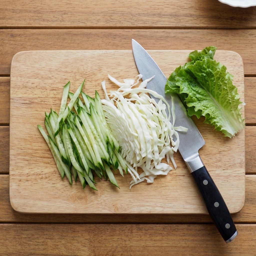 비빔수제비 부재료 준비 - 아삭한 양배추와 오이 채 썰기