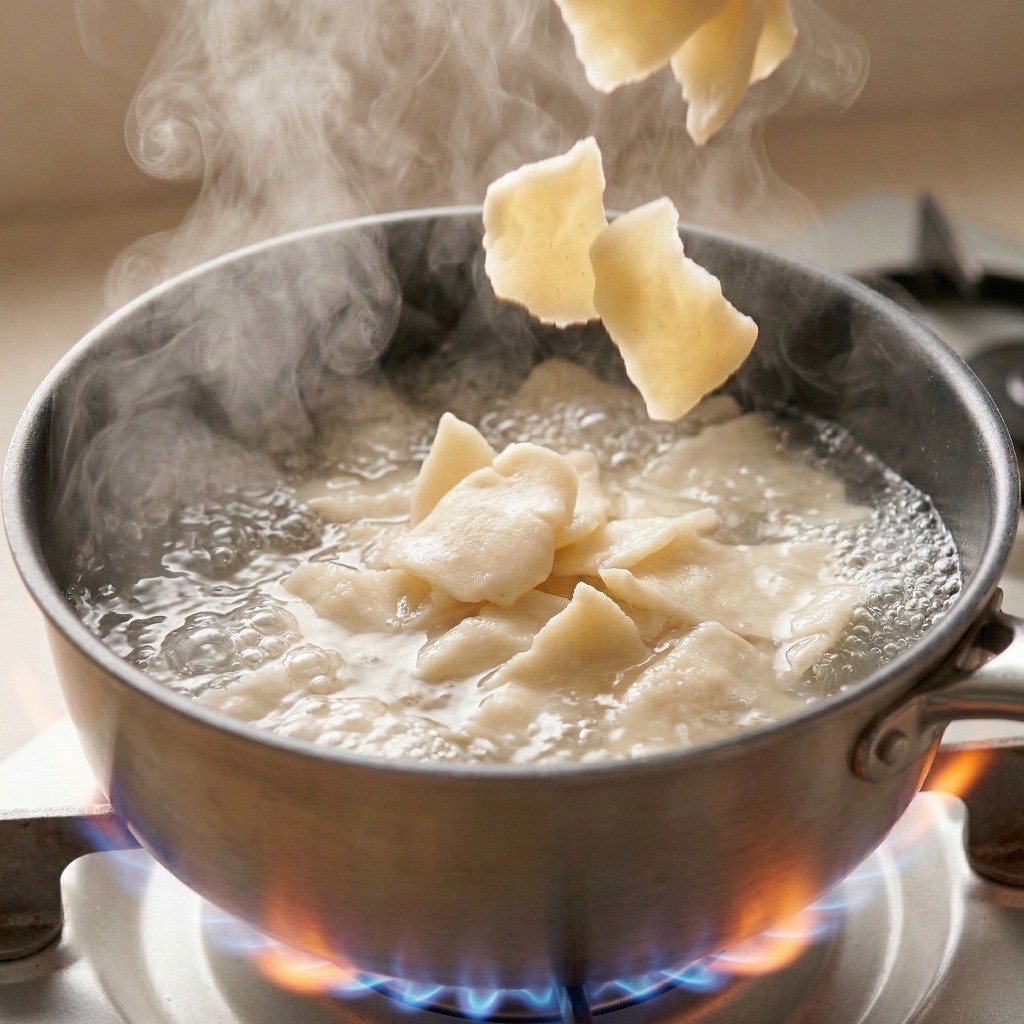 시판 감자수제비 삶는 법 - 끓는 물에 8분간 조리하기