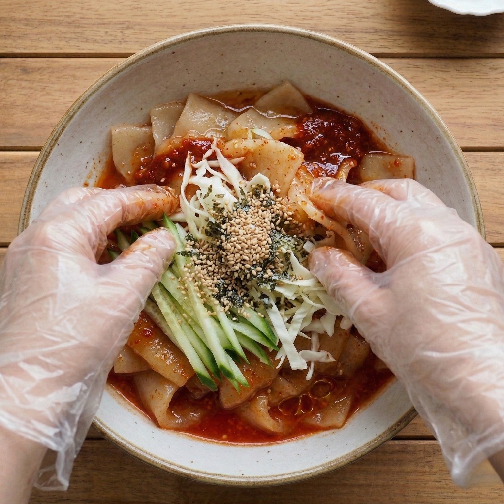 백종원 비빔수제비 완성하기 - 수제비와 야채, 양념장 버무리기