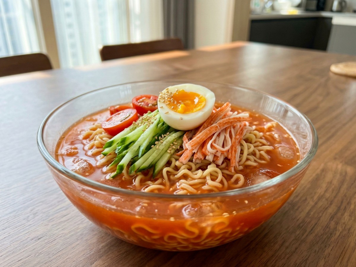 임성근 4분 완성 초간단 냉라면 레시피 완성 사진: 살얼음 육수와 오이 고명이 올라간 여름 별미