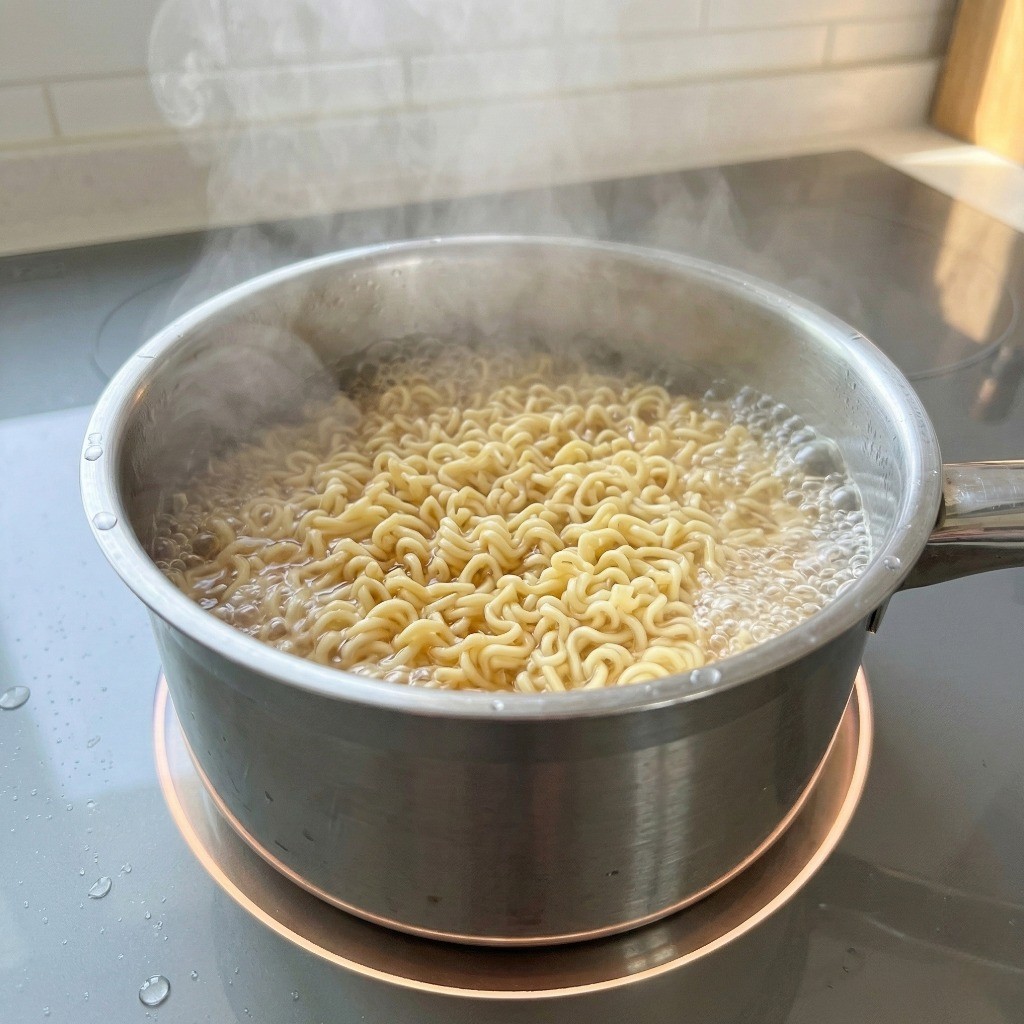 냄비에 끓는 물로 3분 30초 동안 면을 삶는 초간단 냉라면 조리 1단계 모습