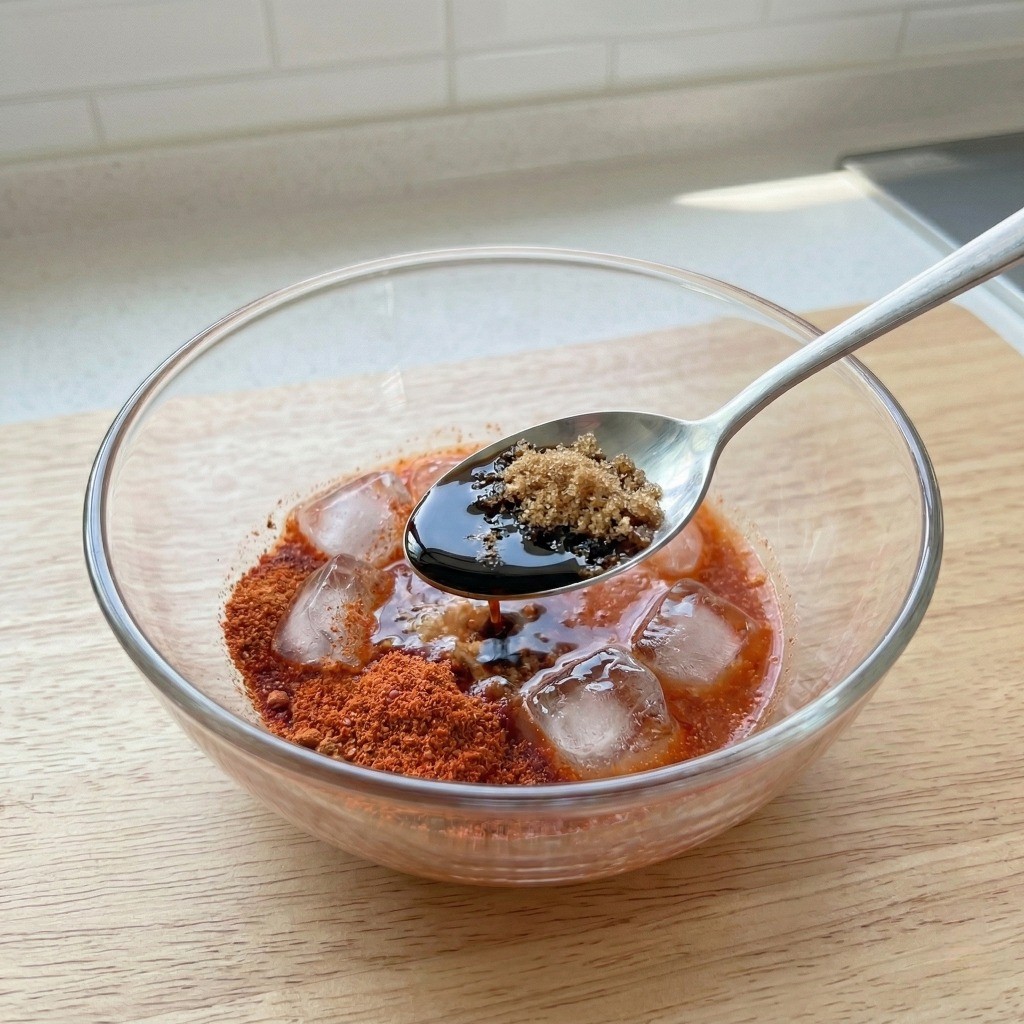 냉면 육수에 식초, 진간장, 황설탕 양념을 섞어 감칠맛을 내는 냉라면 조리 3단계 모습