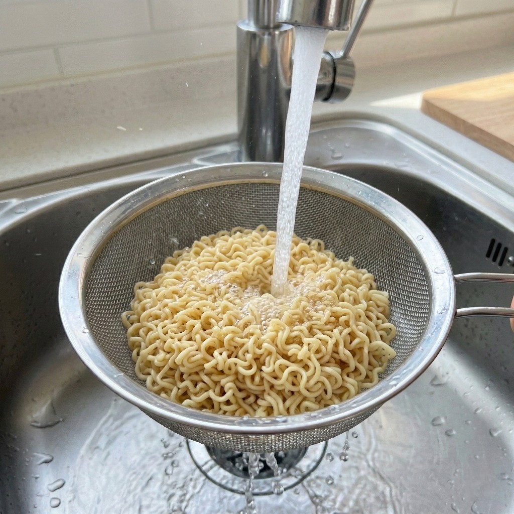 삶은 라면 사리를 찬물에 헹궈 쫄깃한 면발을 준비하는 냉라면 조리 4단계 모습