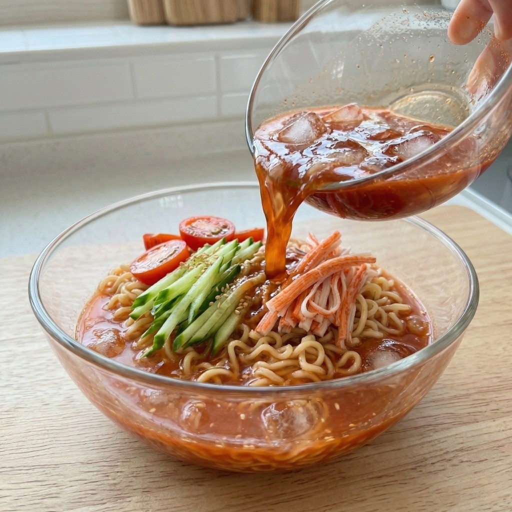 시원한 육수에 면과 오이, 방울토마토 고명을 얹은 초간단 냉라면 플레이팅 완성 모습