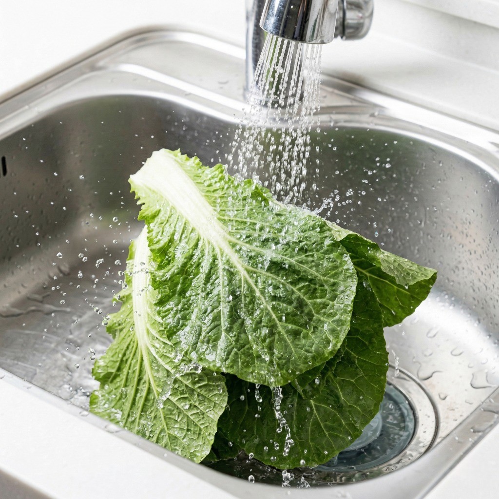 봄동비빔밥 다이어트 식단 만들기 1단계: 신선한 봄동을 흐르는 물에 깨끗이 씻는 모습