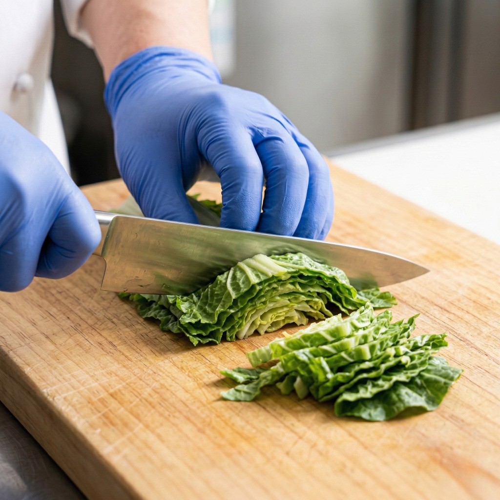 봄동비빔밥 레시피 2단계: 씻은 봄동을 먹기 좋은 크기로 송송 써는 과정