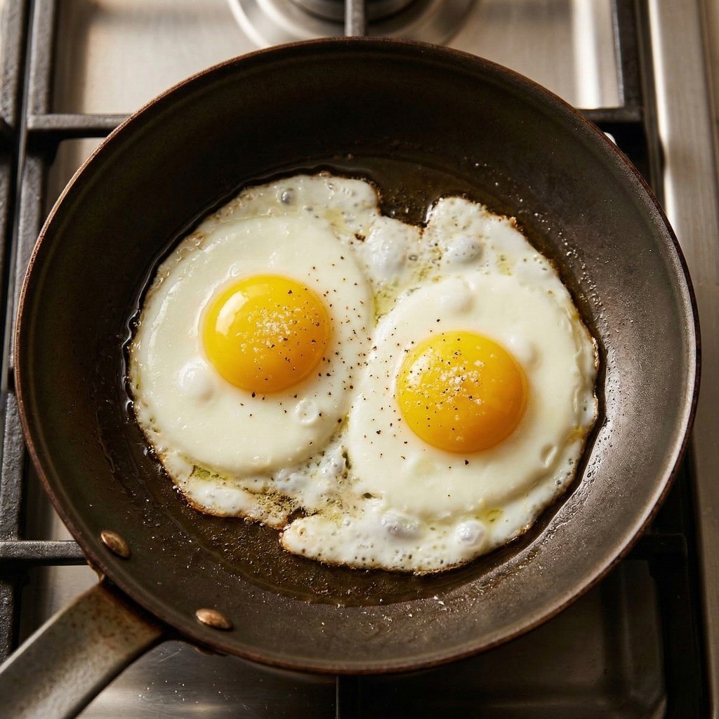 비빔밥용 단백질 보충: 프라이팬에 다이어트 식단용 계란 프라이를 굽는 모습