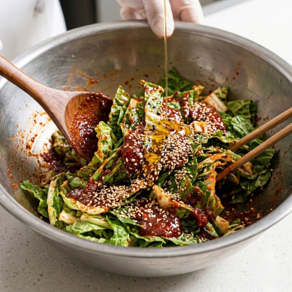 봄동 겉절이 무치기: 썰어둔 봄동에 다이어트 양념장을 넣고 맛있게 버무리는 과정