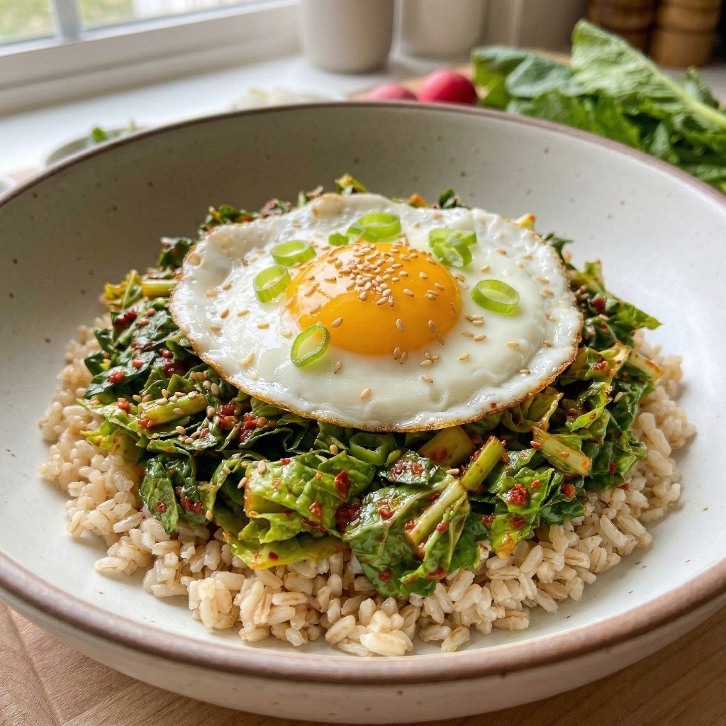 살 안 찌는 현미밥 다이어트 식단: 현미밥 위에 봄동 겉절이와 계란 프라이를 올린 플레이팅 완성