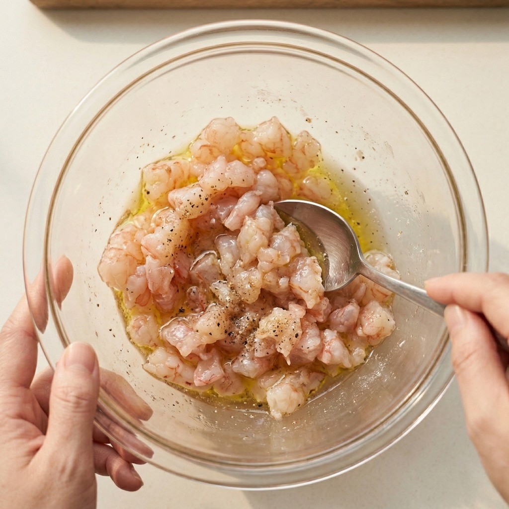 멘보샤 만들기 3단계: 거칠게 다진 새우살에 치킨스톡과 라드유로 양념하여 반죽하는 과정