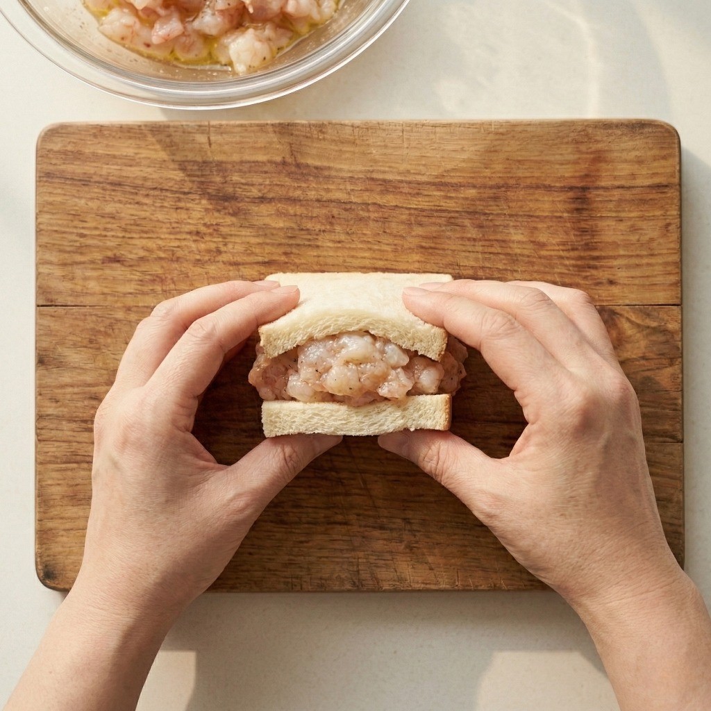 멘보샤 만들기 4단계: 4등분 한 식빵 사이에 도톰한 새우살 반죽을 샌드하여 채워 넣은 모습