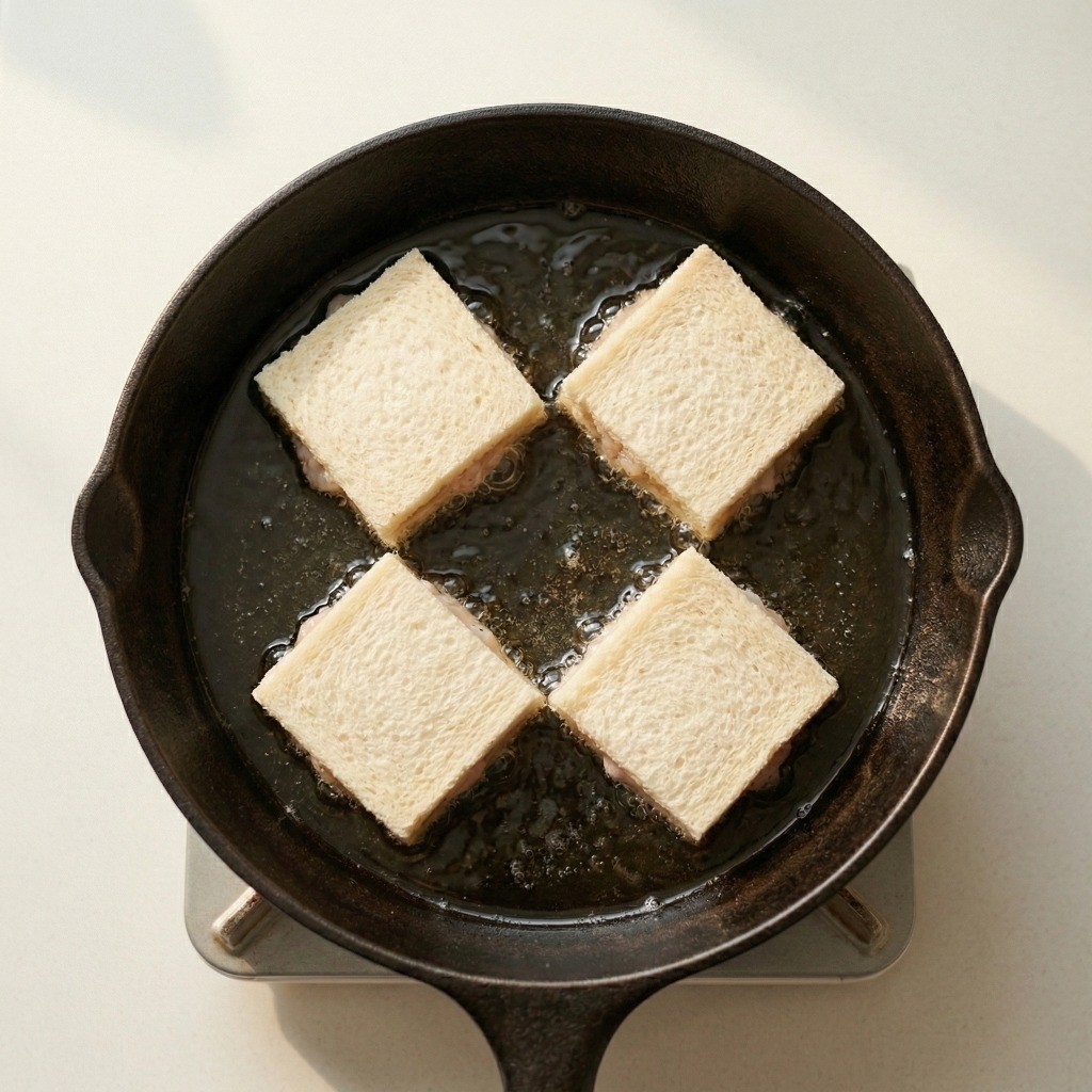 멘보샤 만들기 5단계: 60도 저온의 식용유에서 멘보샤가 타지 않게 1차 초벌 튀기기 하는 모습