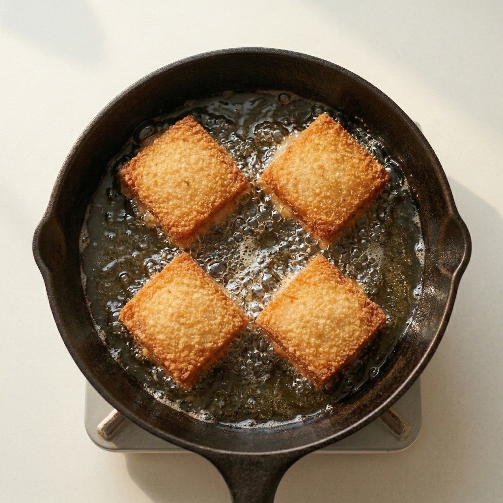 멘보샤 만들기 6단계: 기름 온도를 높여 멘보샤를 2차로 튀겨내어 겉바속촉 식감을 완벽하게 살리는 과정