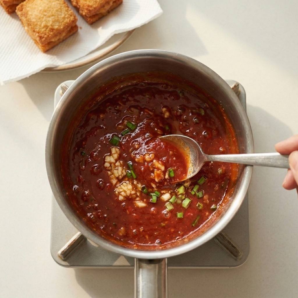 멘보샤 특제 소스 만들기: 고추기름, 토마토케첩, 다진 마늘을 섞어 칠리 소스를 만드는 모습