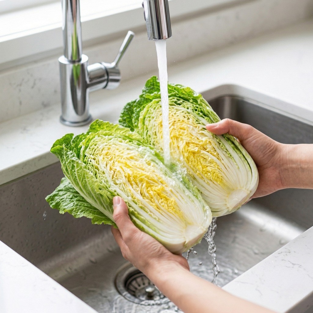 이연복 배추찜 레시피 1단계: 신선한 알배기 배추를 흐르는 물에 깨끗이 씻고 손질하는 과정