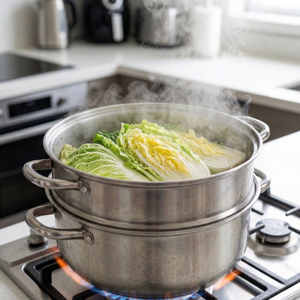 이연복 배추찜 레시피 2단계: 찜기를 활용해 알배기 배추를 10분간 촉촉하게 찌는 과정