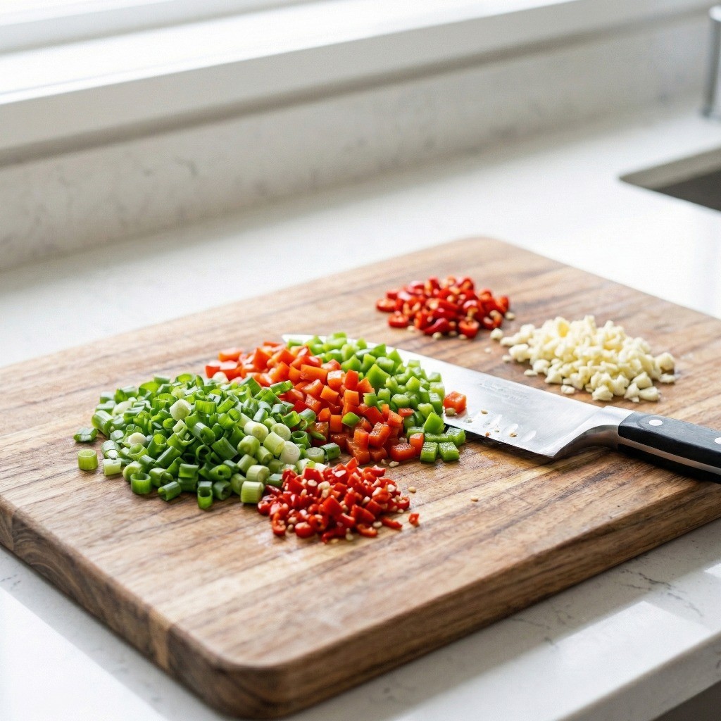 이연복 배추찜 소스 재료 준비: 대파, 청양고추, 홍고추, 피망을 잘게 다지는 모습