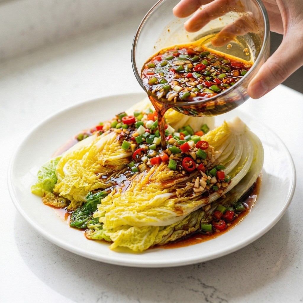 잘 익은 배추찜 위에 완성된 특제 소스를 듬뿍 뿌려 이연복 배추찜을 완성하는 모습